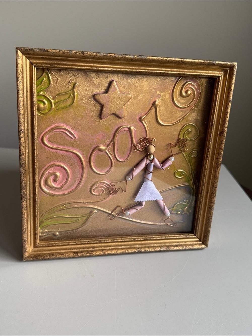 C. Cordell Raised Relief Art Copper Wire Whimsical Signed Wood Gold Frame “Soar”